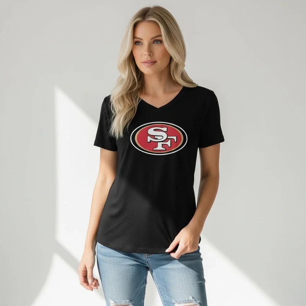 Green Layer | San Francisco 49ers V Neck Tee Women’s Black Short Sleeve Size M - Picture 1 of 7